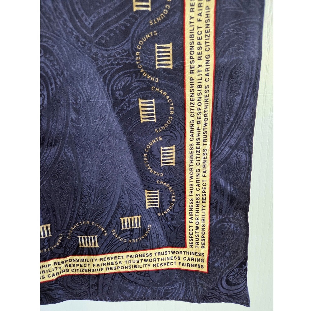Y2K Character Counts Navy Blue Paisley 100% Silk Scarf Inspirational Values RARE